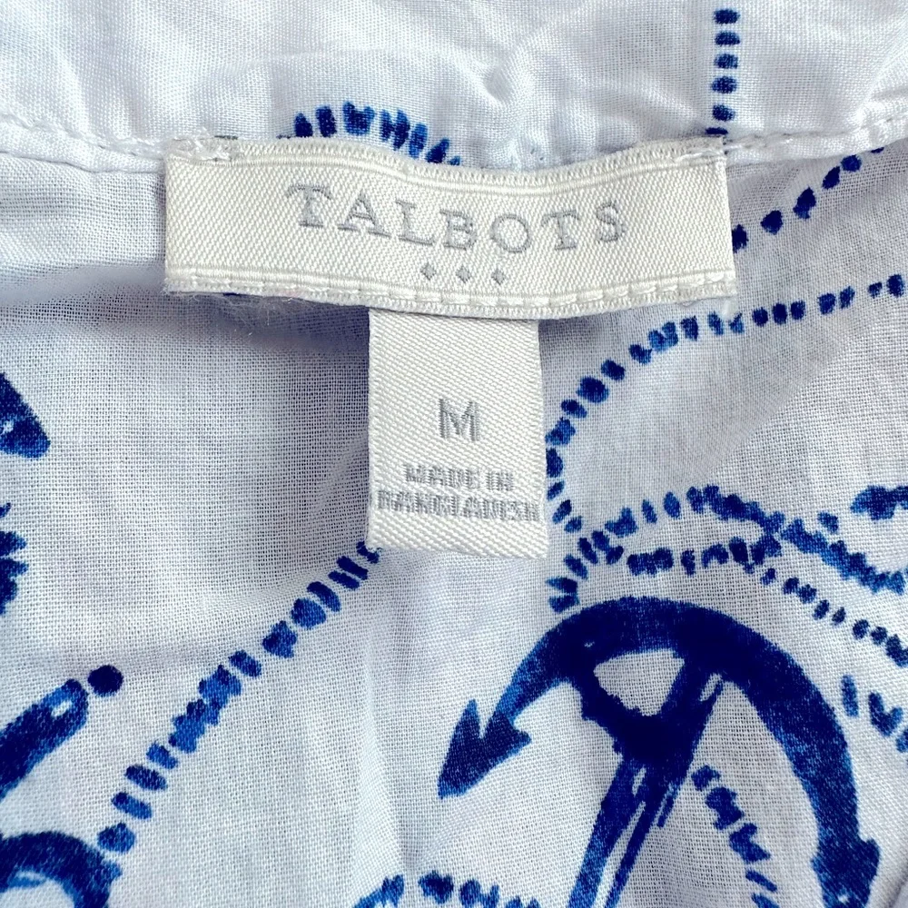 Talbots blue and white anchor novelty print cotton tunic top medium